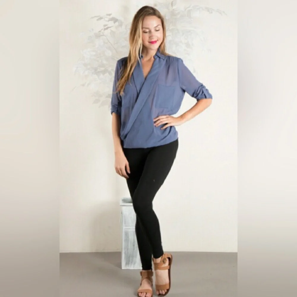 Cutout Back Slate Blue Sheer Blouse- Size Small NWT - Picture 2 of 3